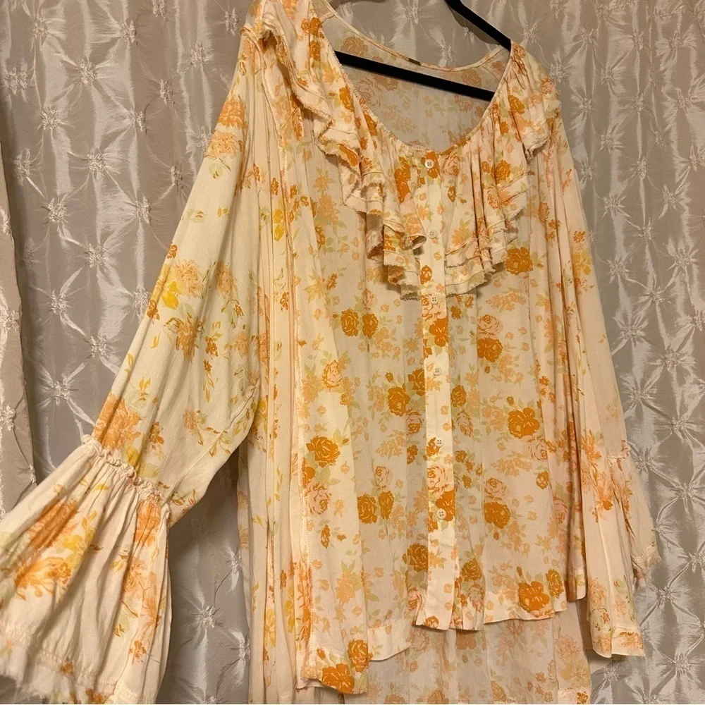 Free People Loretta Tunic Top Tea Combo Cream Yellow Floral Print Ruffle Boho
